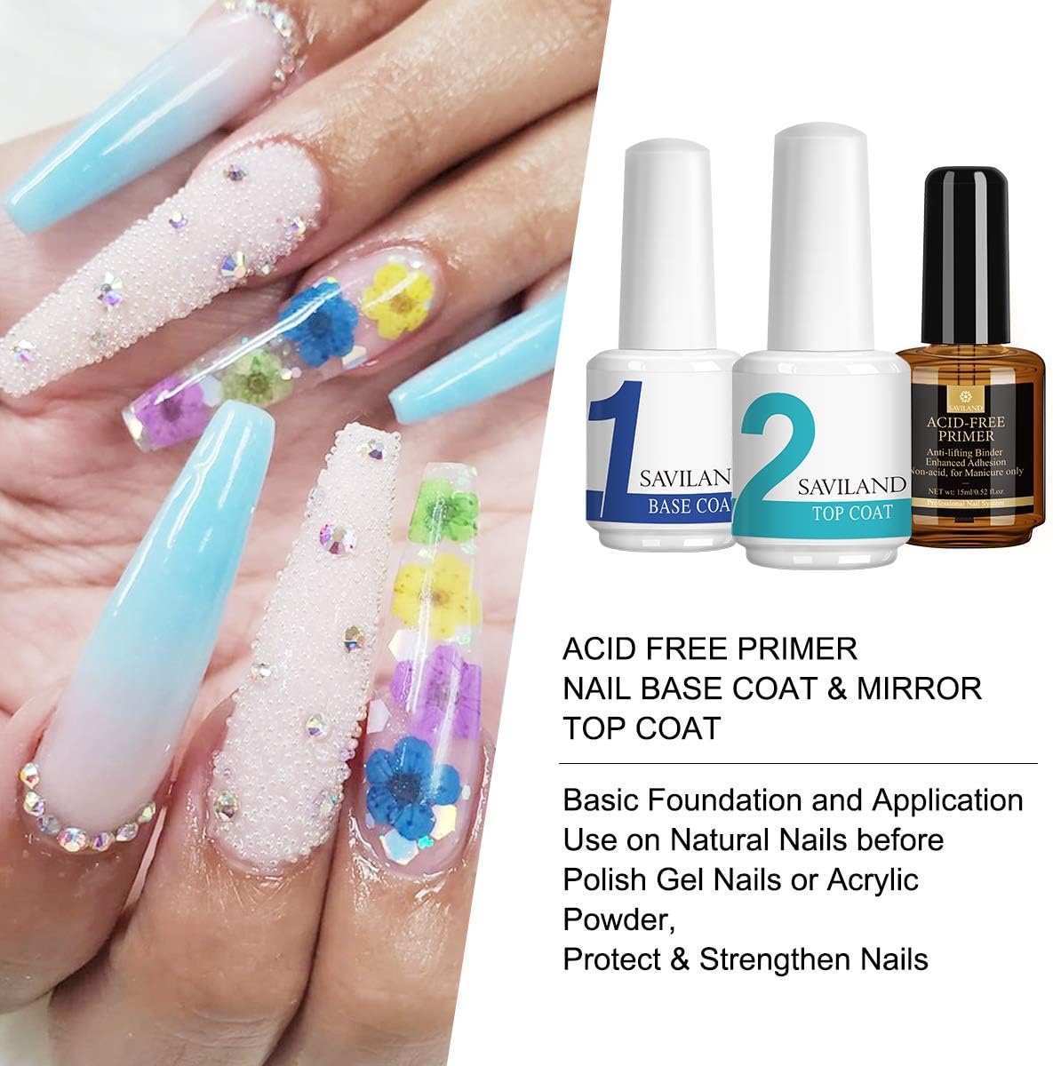 Saviland Nail Primer,Gel Base and Top Coat Set, Non-Acid Nail Primer No Wipe top Coat,Long Lasting Base Coat (3Pcs/15ml Each Bottle): Health & Personal Care