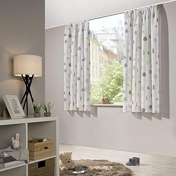 heimtexland ® Vorhang Kindergardine Leinen Optik HxB 175x135 cm Natur Grau Skandinavisch Wald Bär Gardine transparent Kräusel