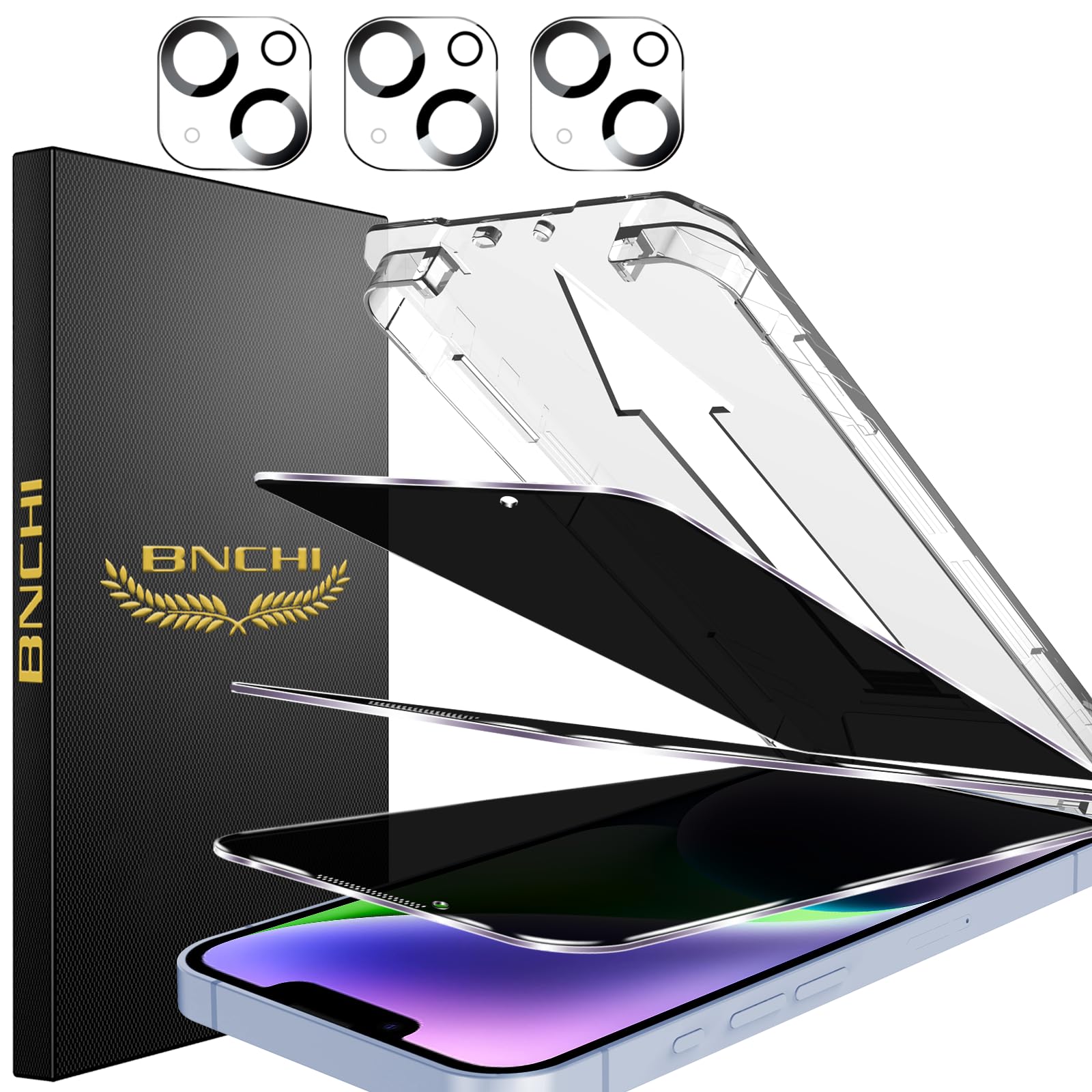 BNCHI 3 Pack for iPhone 14 Plus Privacy Screen Protector + 3 Pack Camera Lens Protector, Shatterproof Premium Tempered Glass, Auto-Dust Removal, 28°Anti Spy, 9H Full Coverage Tempered Glass Film