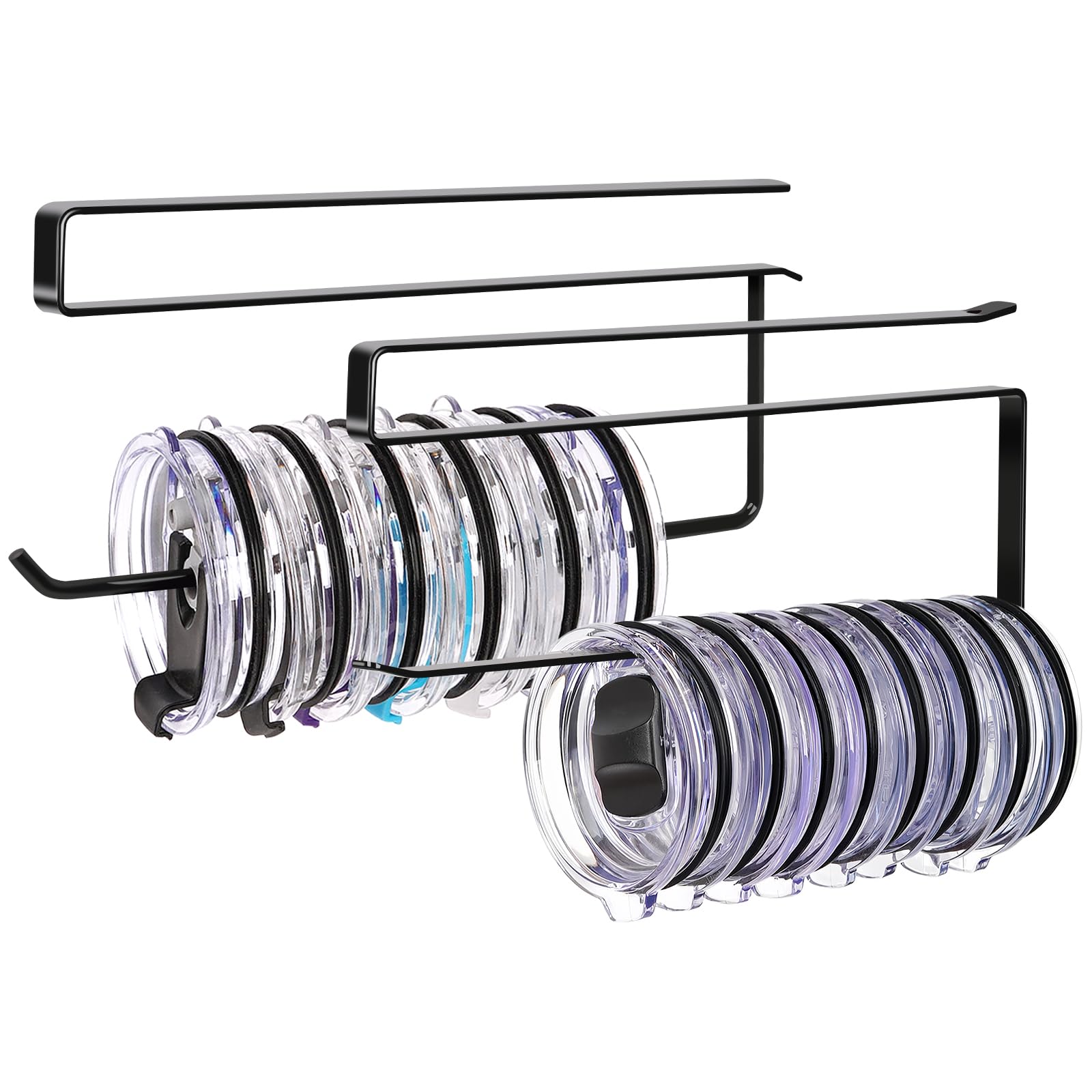 Photo 1 of 2 Pack Tumbler Lid Organizer, Horizontal Tumbler Lid Storage Hook Up to 20 Lids, Space Saving Cup Lid Holder Under Cabinet Tumbler Lid Hook for Kitchen Organizer, Paper Towel Hanger(Round&Flat, Black)