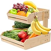KISENG Bamboo 2 Tier Fruit Basket Stand for Kitchen Counter, Tiered Wooden Large Countertop Vegetable Fruit Holder with Banana Hook, Natural