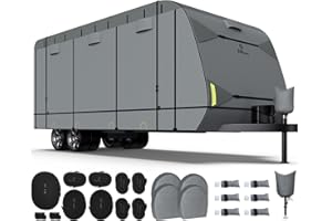 RVMasking Heavy Duty 7 Layers Top Travel Trailer Cover with 4 Tire Cover for 31'7"-34', Windproof Rip-Stop Anti-UV RV Cover, Medium Gray