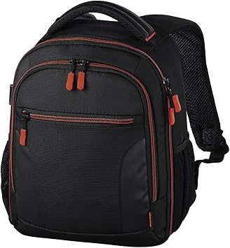 red camera backpack