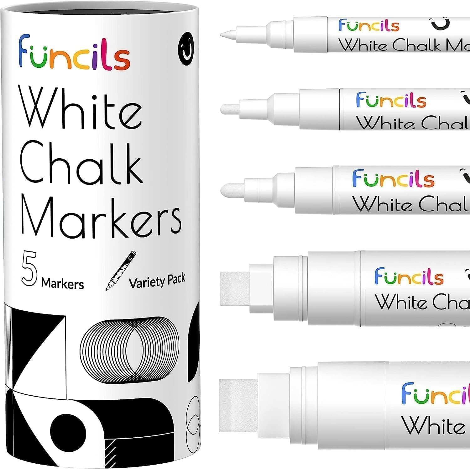 Funcils 5 White Chalkboard Chalk Markers - White Dry Erase Marker for Blackboard, Chalkboard Signs, Windows, Glass | Variety pack - Fine & Jumbo Size Ink Pens (1mm, 3mm, 6mm, 10mm, 15mm)
