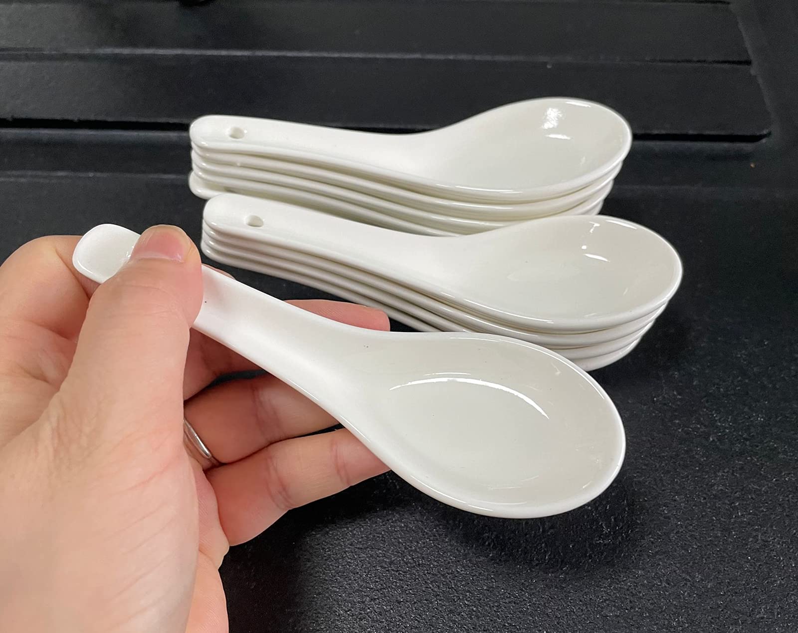 Photo 1 of 10 Pack White Ceramic Soup Spoons,Wonton Soup Spoons,Asian Spoon Set,5inch Kid Small Side Dish Tasting Spoon,Stackable Ramekins Can Stand,Deep Oval Design