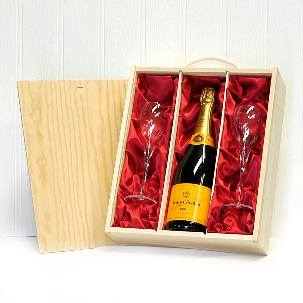 Veuve Clicquot Champagne with Branded Flutes in a Wooden Gift Box