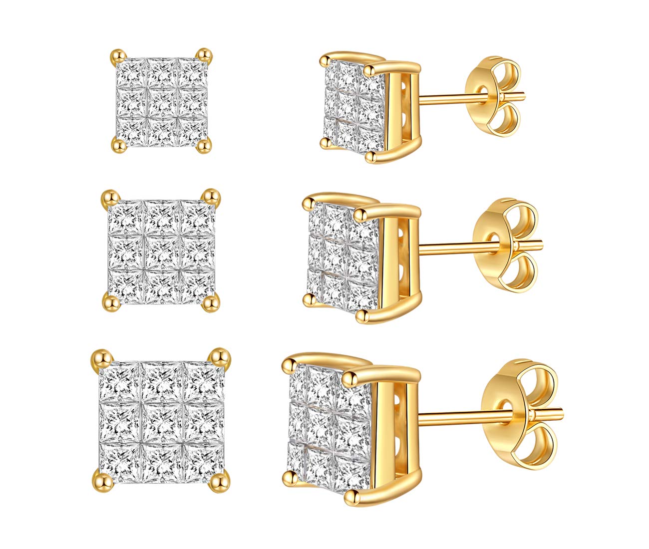 Stud Earrings for Women and Girls with A Princess CZ Lightweight Cubic Zirconia and 14K Gold Plated Hypoallergenic Needle, 3 Pairs Stud Earrings Set (gold (1))
