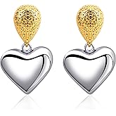 Teppdfann 14K Gold Plated and Silver Heart Drop Earrings - Two Tone Mixed Metal Jewelry, Valentine's Day Heart Dangle Earrings for Women Trendy