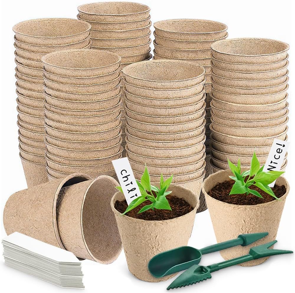 Aileem 96 Pack Biodegradable Seedling Pots 8cm with 96 Labels & Tools