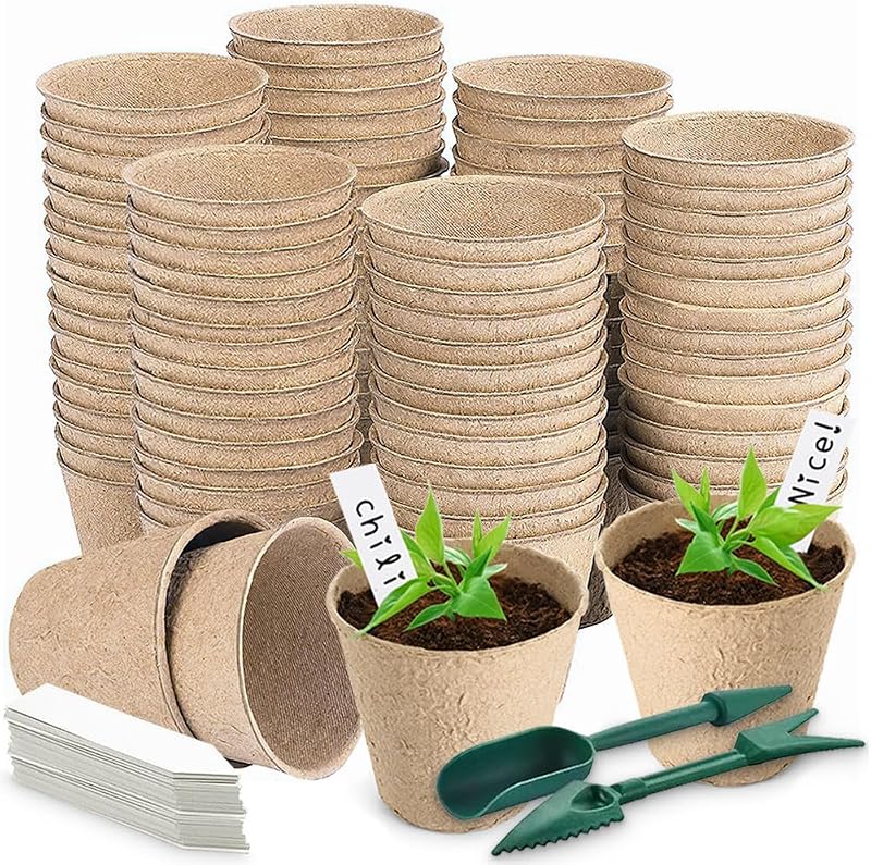 Aileem 96 Pack Biodegradable Seedling Pots 8cm with 96 Labels & Tools