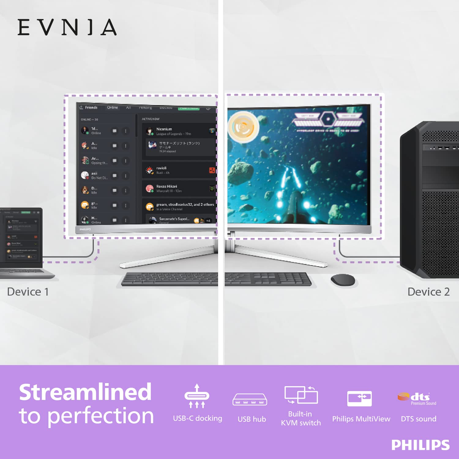 PHILIPS EVNIA 42M2N8900 41.5” 4K OLED Gaming Monitor, 4K UHD, 138Hz 0.1ms GtG, FreeSync Premium, HDR10, USB-C Docking, KVM, 10W Speakers + DTS Sound, Ambiglow, 4-Year Advance Replacement