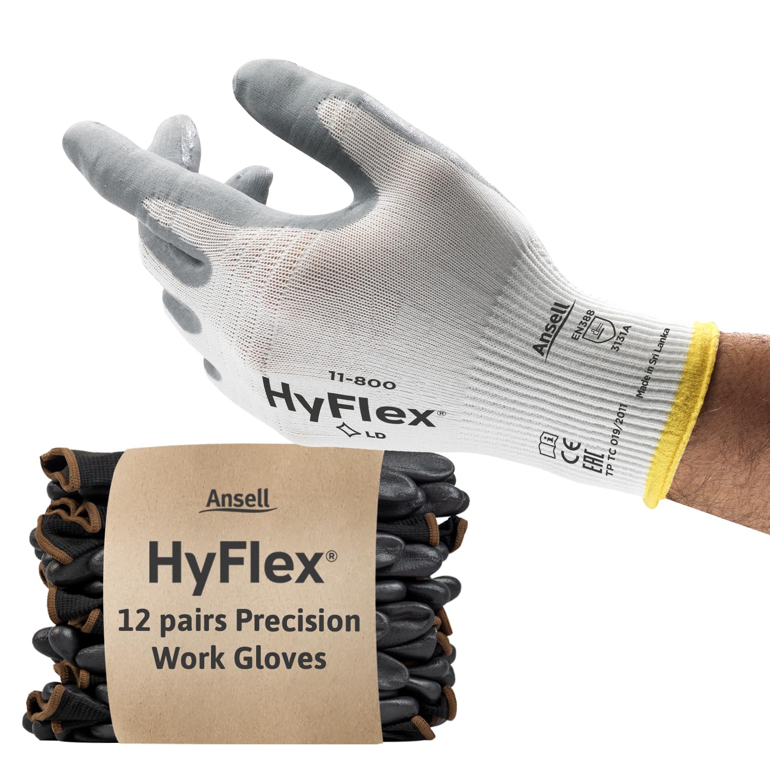 Ansell HyFlex 11-800 Professional Work Gloves, Abrasion Resistant Nitrile Coating with Firm Grip, Multipurpose Protection Gloves, Mechanical and Industrial Safety, White, Size XL (12 Pairs)