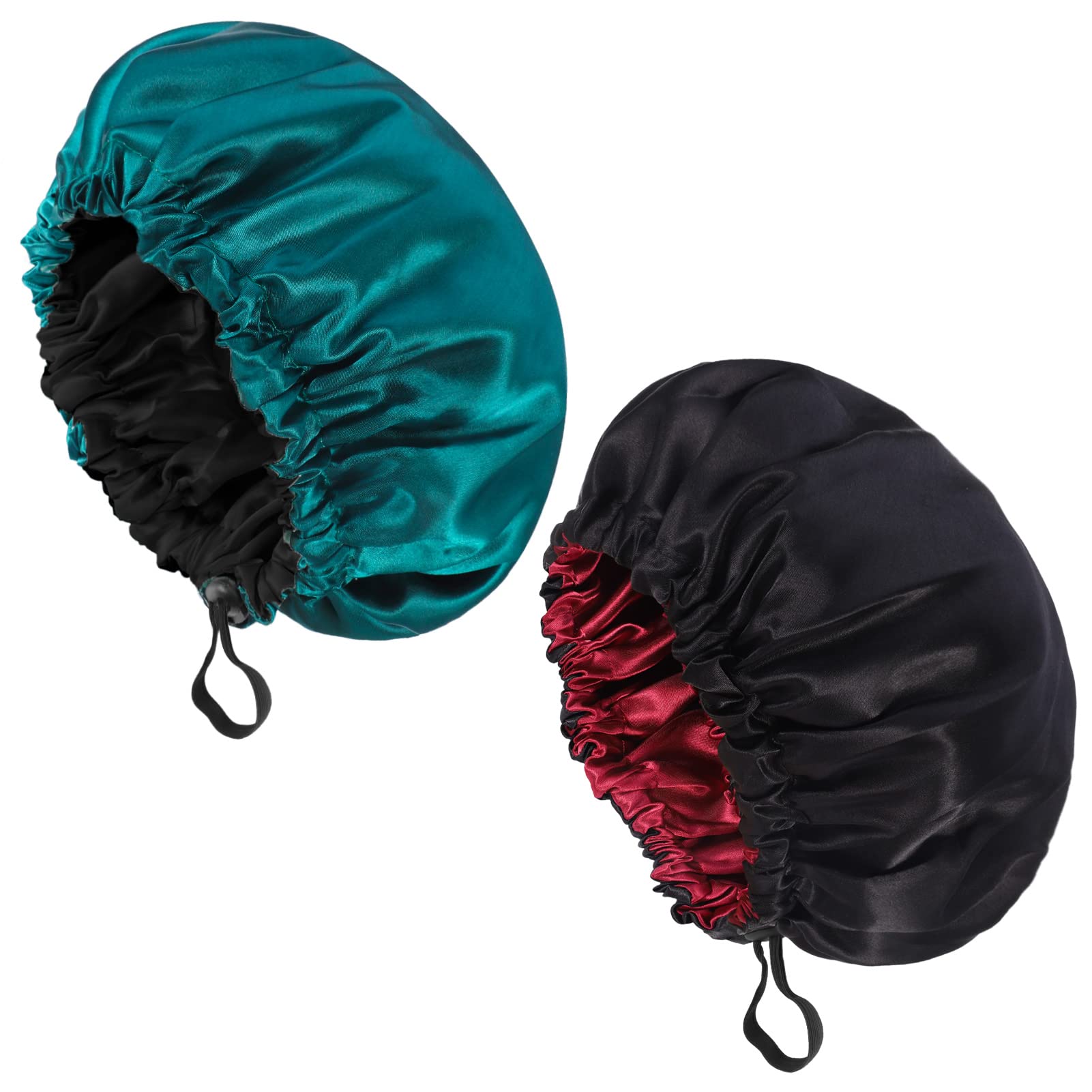 Fuyamp 2 Packs Satin Sleep Cap,Adjustable Silky Sleep Bonnet for Women Long Curly Hair,Double-Sided Waterproof Satin Hair Cap Extra Large Sleep Satin Bonnet for Women Girls Sleeping(Red+Lake Green)
