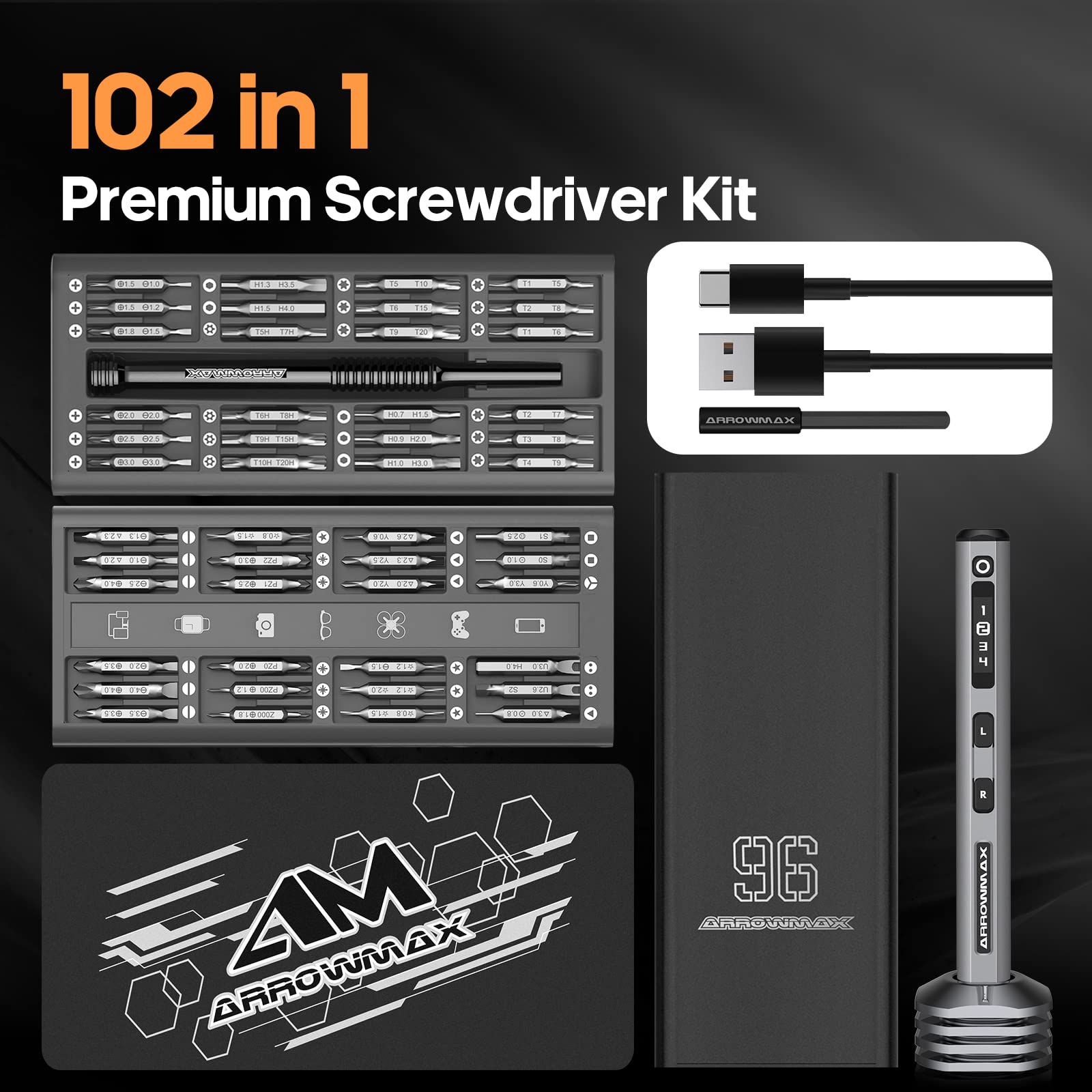 ARROWMAX Electric Screwdriver, 102-in-1 Precision Set with 96 Magnetic Bits, 4 Torque Modes, Red Dot, Winning Design, Rechargeable Cordless Screwdriver for Phone, Laptop - Grey