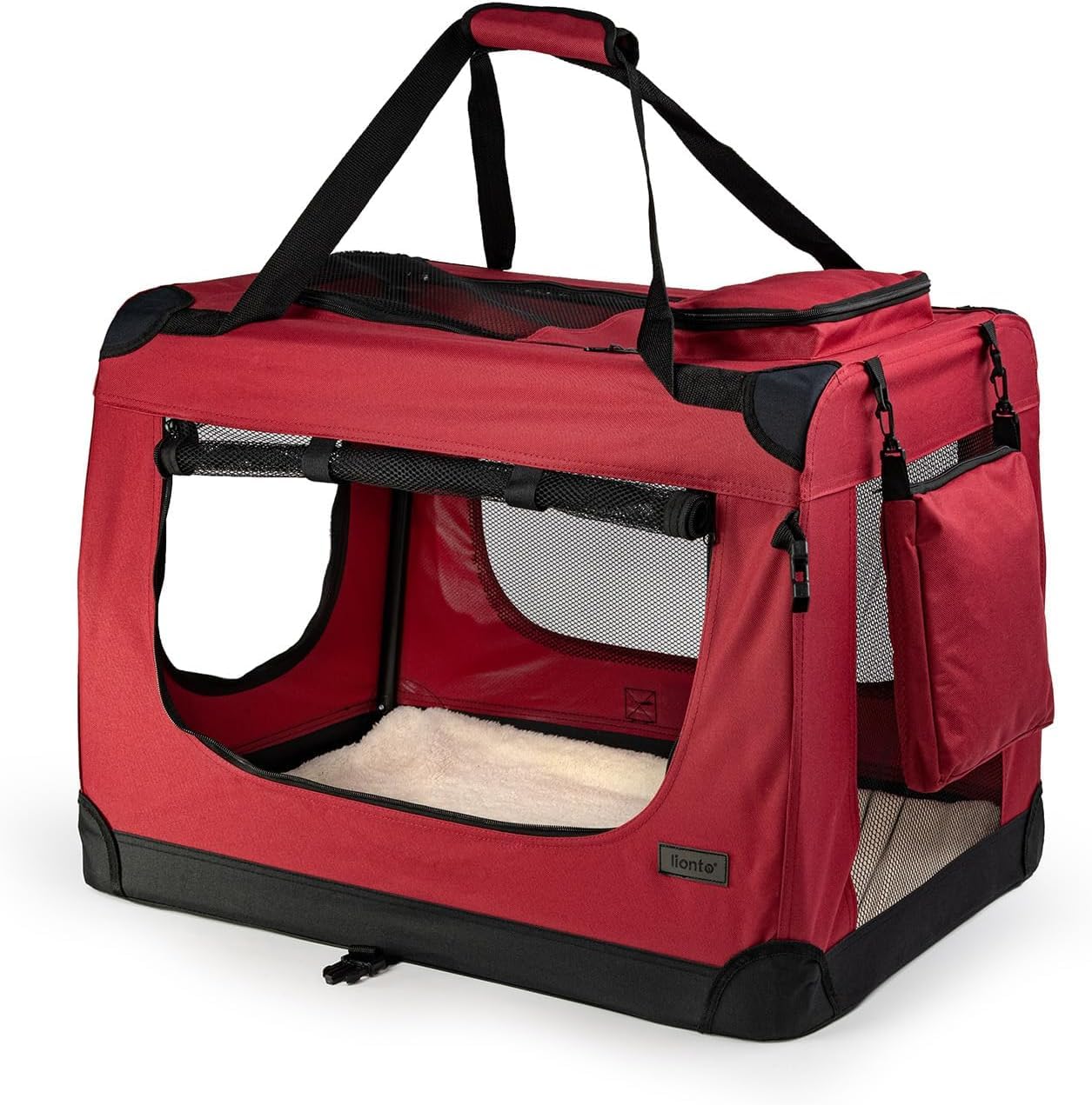 lionto Dog transport box foldable for travel & car, 60x42x44 cm, sturdy transport box with carrying handles & blanket for cats & dogs up to 12 kg, sturdy fabric dog box for small & large, red