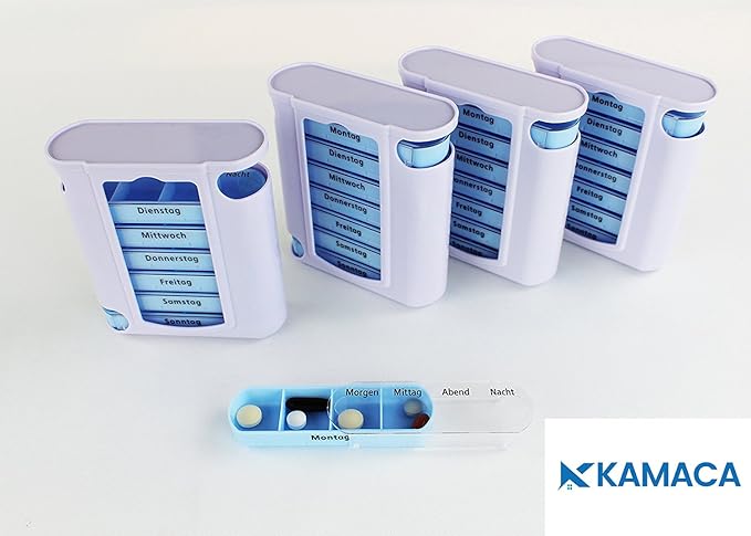 Kamaca 4 er Pack (= 4 Stück) praktischer Medikamentendosierer für Fast Einen Monat, Pillendose,Pillenbox, Tablettenbox, Woche