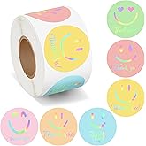 Kirako 500Pcs Smile Thank You Stickers Roll Holographic Pastel Adhesive Labels for Small Business Packing Envelope Seals Handmade Crafts Gift Wedding Baby Shower Party Favors Greeting Cards, 1.5 Inch