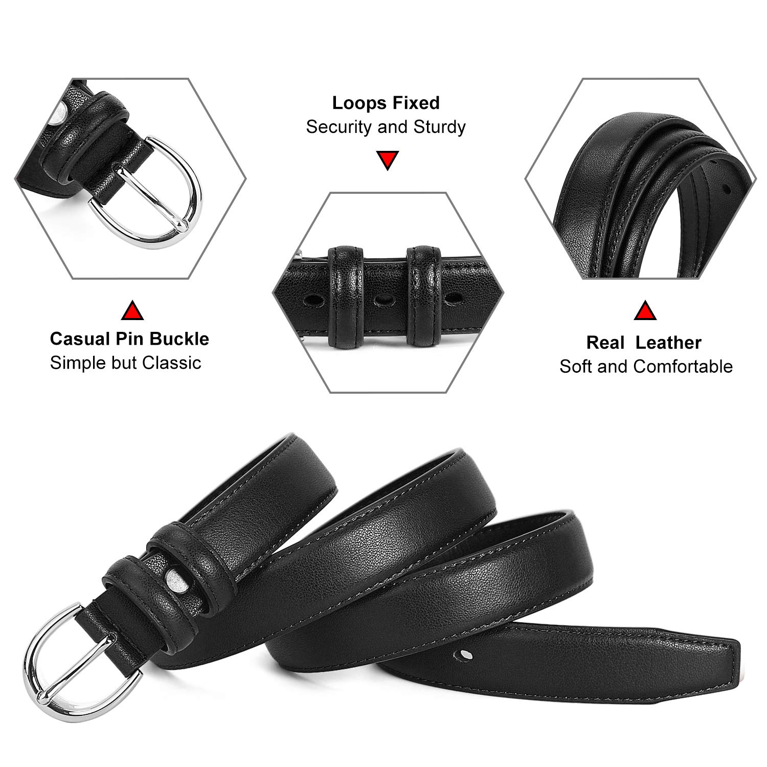 Women Genuine Leather Belt Thin Jeans Belts With Silver Prong Buckle Muti-Colors,Black,Fit Waist 26-30inch