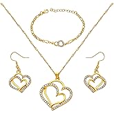 Gold-Plated Heart Crystal Jewelry Set for Women – Necklace, Bracelet & Earrings with Rhinestone Accents – Elegant Gift for Wedding, Party, Anniversary