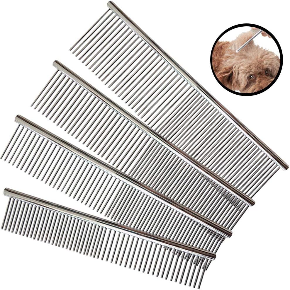 Stainless Steel Pet Comb, 4 Pack Pet Grooming Steel Comb with Rounded Teeth