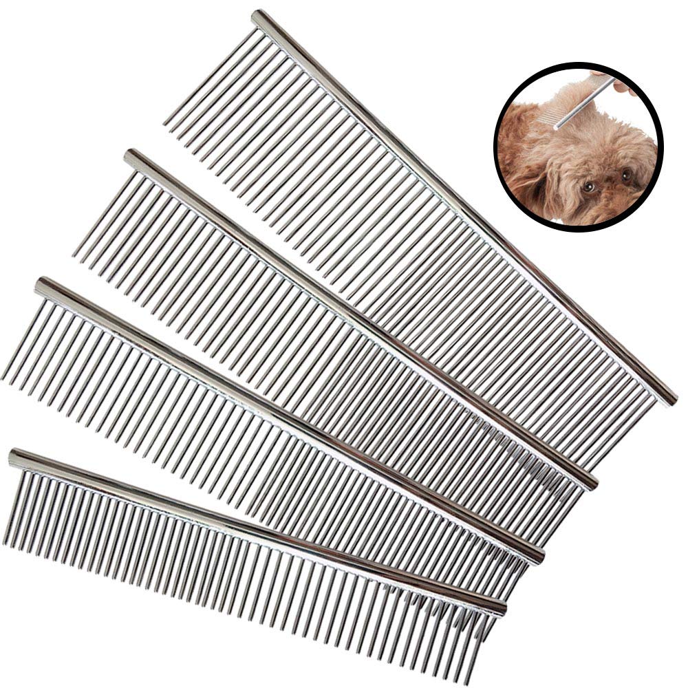 Stainless Steel Pet Comb, 4 Pack Pet Grooming Steel Comb with Rounded Teeth, Metal Comb For Dogs, Cats and Other Pets with Tangled Short/Long Hair (16 x 2.5cm, 19 x 3cm, 19 x 4cm, 19 x 5cm)