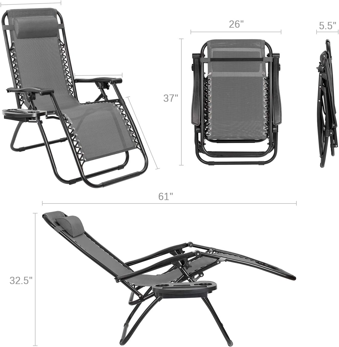 Furmax Zero Gravity Chair Patio Lounge Chair Portable Outdoor Folding Chair Adjustable Sun Lounger Reliner Chair for Backyard Deck Poolside Beach with Pillow and Cup Holder Tray Set of 2 (Gray): Kitchen & Dining