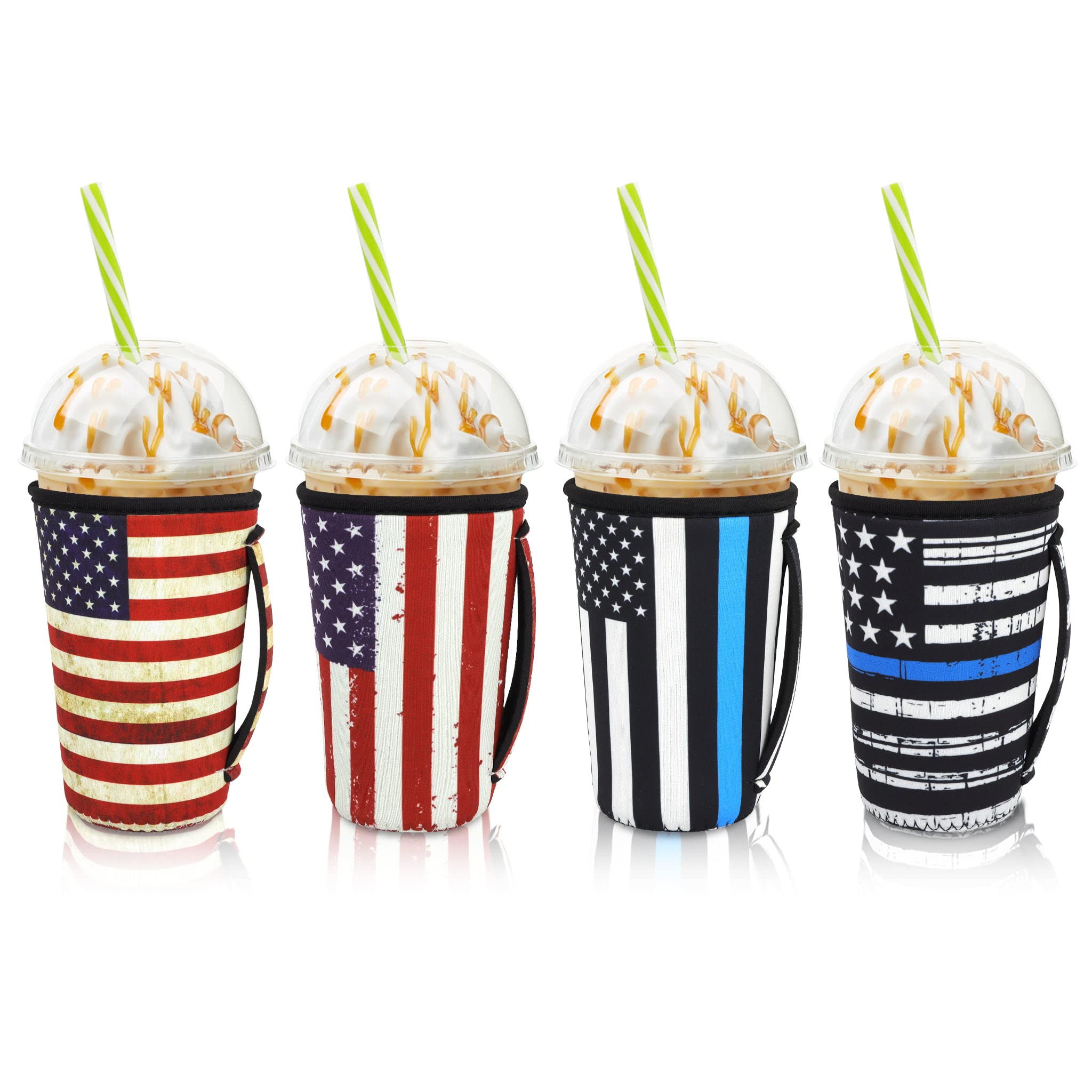 Photo 1 of 4Pack Reusable Iced Coffee Sleeve Insulator Sleeves for Cold Drinks Beverages, Neoprene Cup Holder for Most Coffee, Fits 22-24oz Medium Cups (American Flag with Handle)