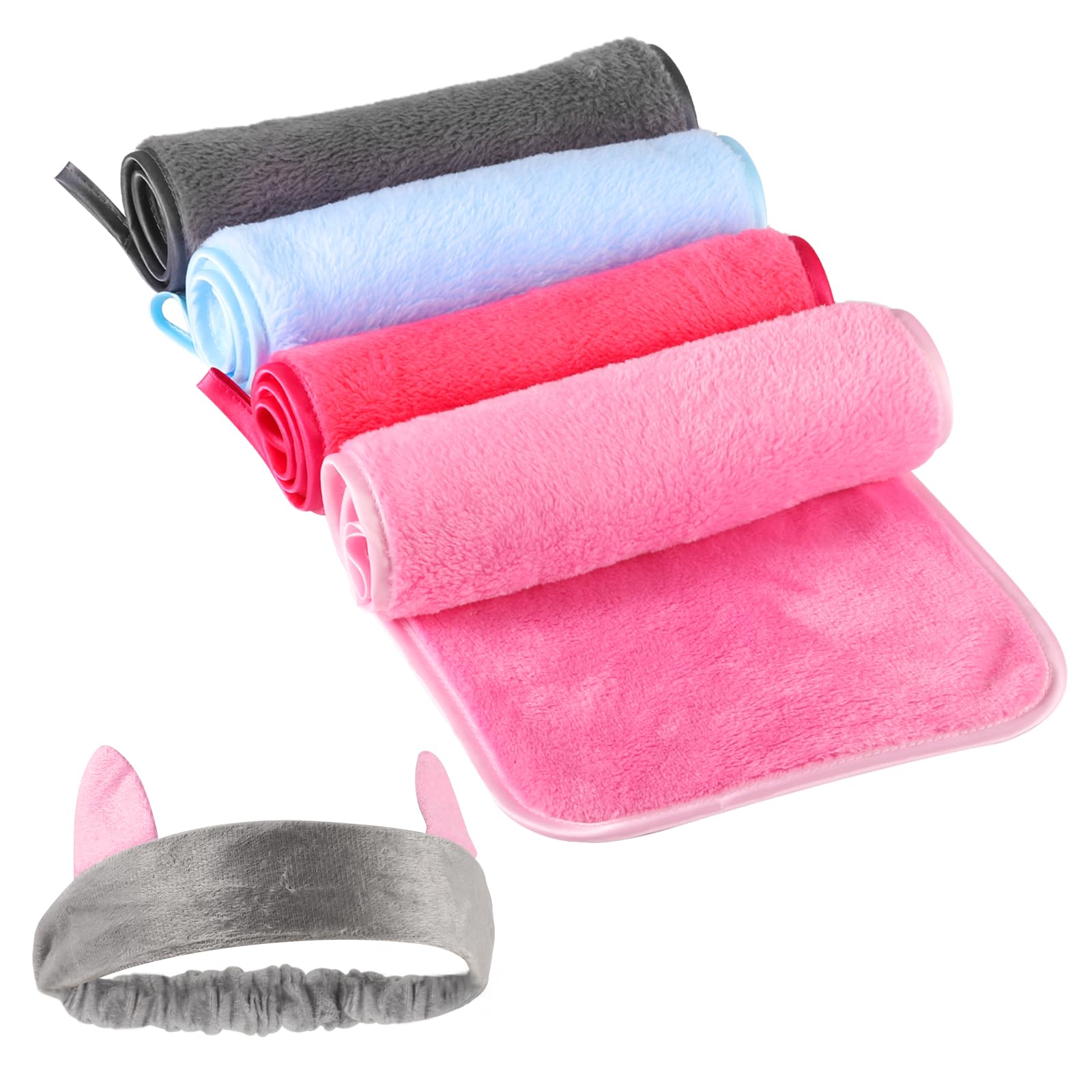 Lanjue 4 Pack Makeup Remover Cloth, Microfiber Face Cloth Makeup Remover Face Cloth Facial Cleaning Wipes with Cat Ears Headband, Reusable, Pink