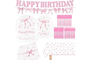 BAWMOY Pink Bow Birthday Decorations, 72 Pcs Pink Bow Plates and Napkins, Bow Banner Tablecloth, Coquette Birthday Decorations, Bow Themed Party Decorations