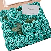 Floroom Artificial Flowers 25pcs Real Looking Teal Green Foam Fake Roses with Stems for DIY Wedding Bouquets Baby Shower Centerpieces Party Tables Home Decorations