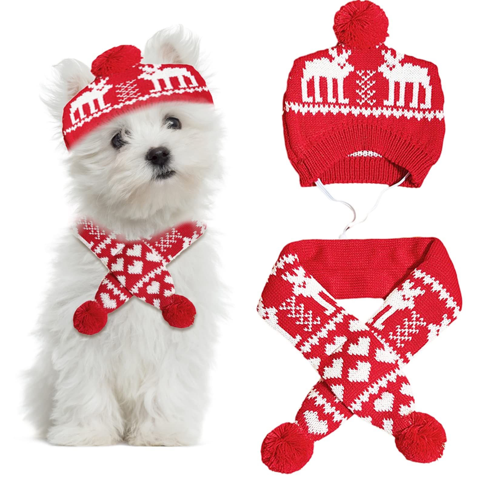 2 Pieces Christmas Pet Hat Scarf Set Winter Warm Puppy Collar Knitting Pet Hat Dog Cat Costume Accessories Adjustable Print Scarf and Hat for Small to Medium Pets (Large, Deer)