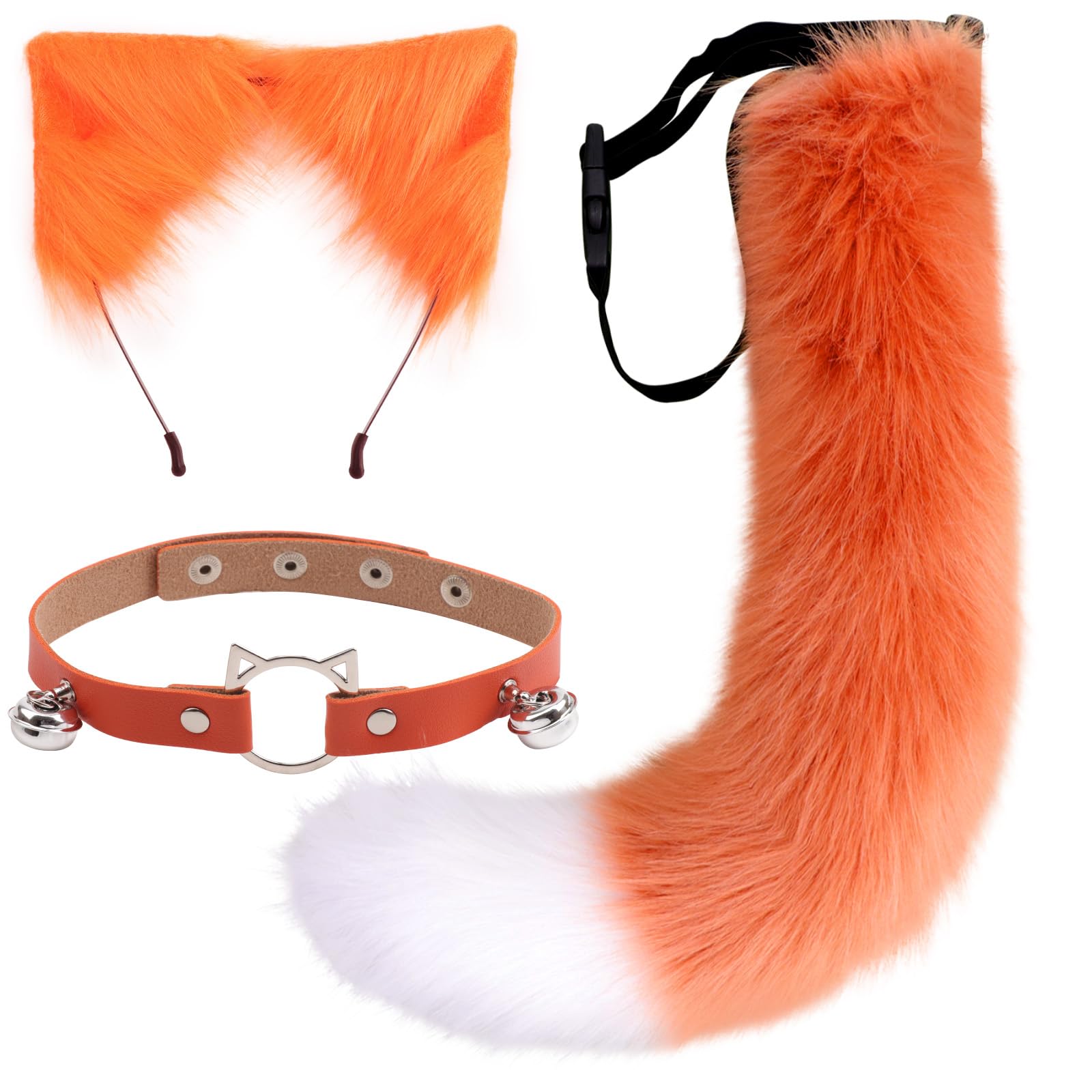 DRESHOW Fox Faux Fur Tail Cat Ears Headband Halloween Party Costume Neck choker Cosplay Set for Women