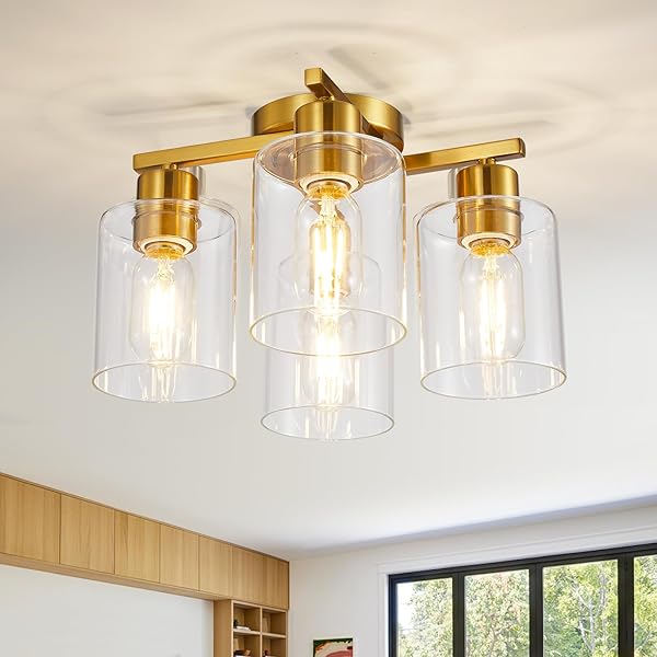 DIDUIO 4 LIGHT SEMI FLUSH MOUNT CEILING LIGHT BRUSHED GOLD KITCHEN LIGHTING FIXTURES CEILING BRASS HALLWAY CIELING LIGHTS FIXTURE WITH CLEAR GLASS SHADE FOR BEDROOM DINING ROOM