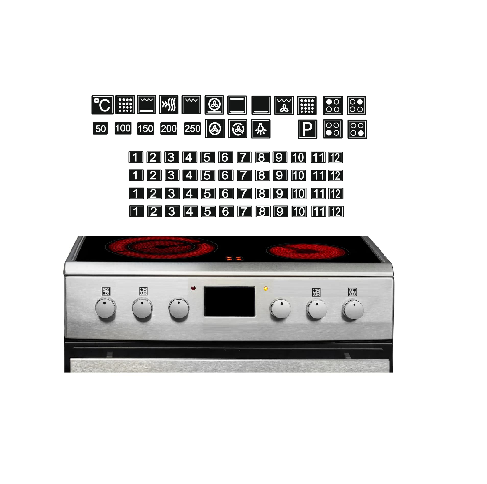 Cooker Symbol Sticker Set for Cooker Labelling (RPt32) (9 mm Black Background and White Signs)