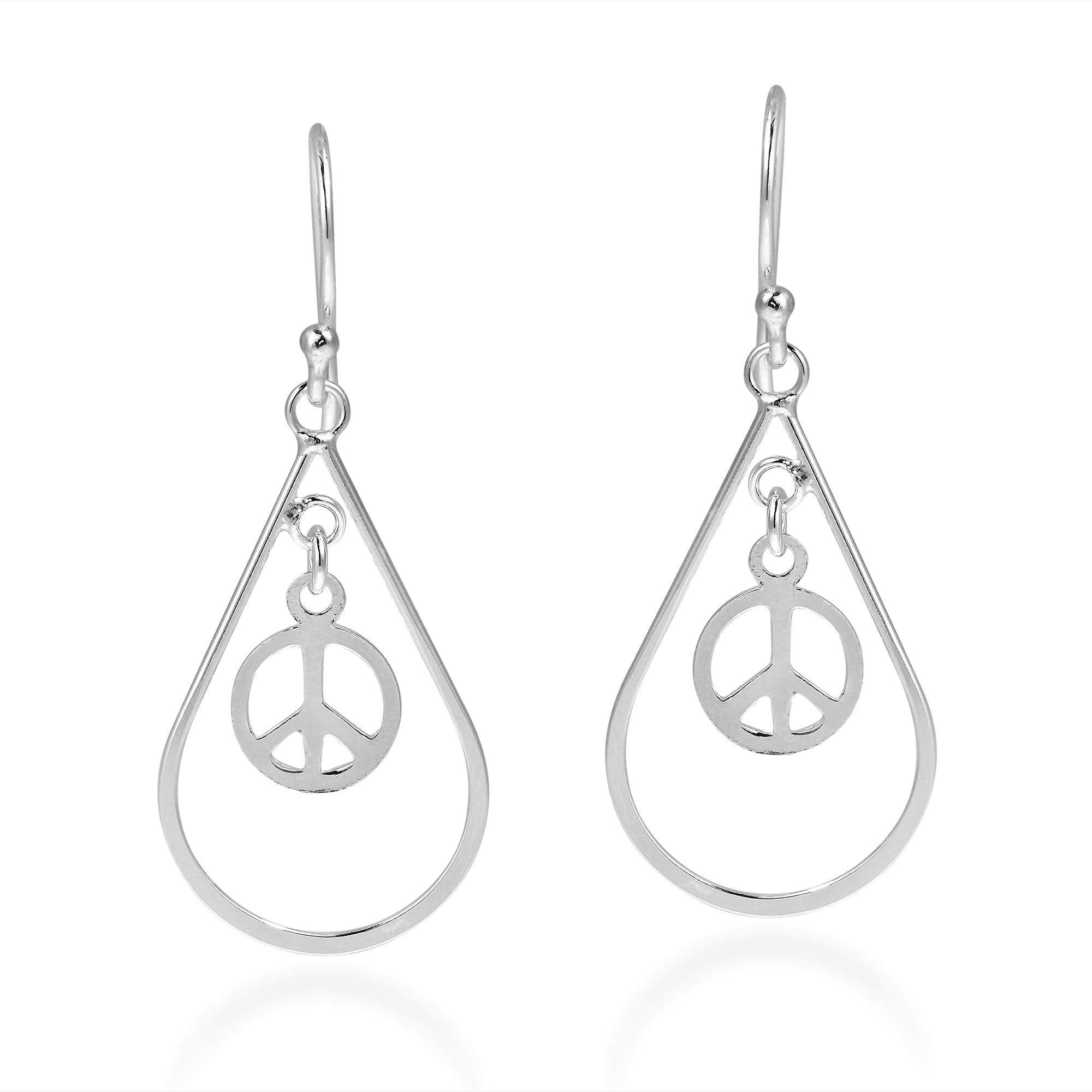 Spirit Teardrop Peace Sign Symbol .925 Sterling Silver Dangle Earrings