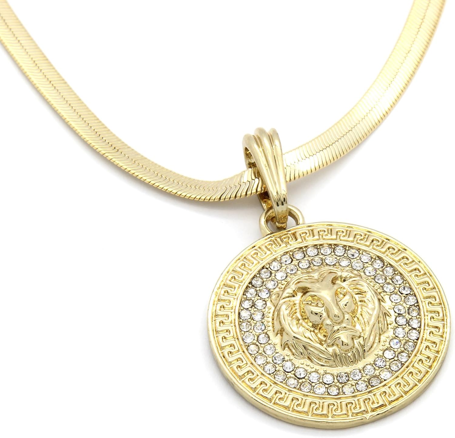 Mens Medallion Pattern Lion Gold Tone 4mm 24" Herringbone Chain Pendant