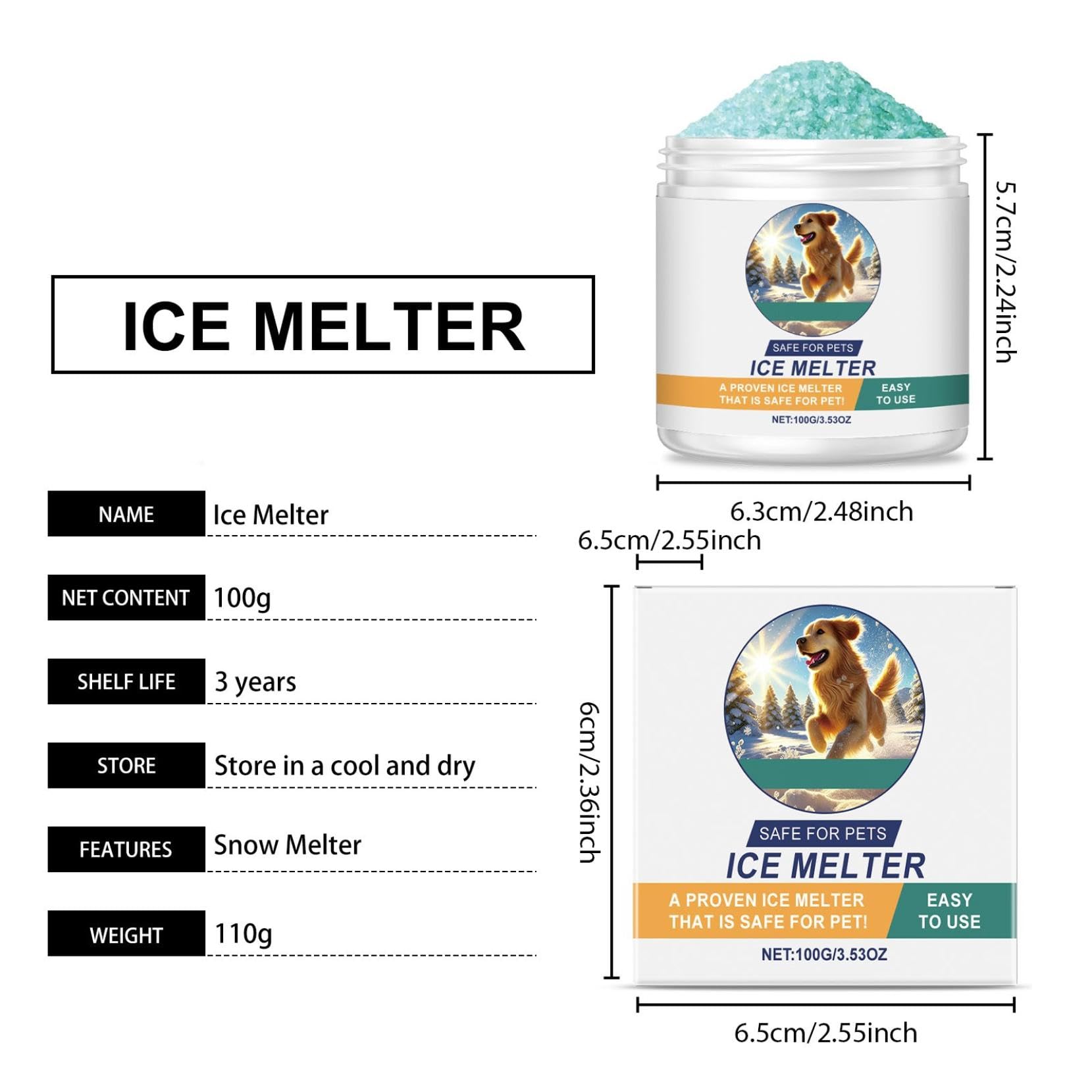 Safe Ice Melt, Chien/Enfant/Animaux de Compagnie Safe Ice Melt, Non Toxique,agissant Rapidement,Dure 3X Plus Longtemps,dégivrage idéal chemins,Plus sûr pour les animaux domestiques,béton 100G (1)