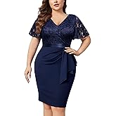 Miusol Women's Plus Size Lace Chiffon V Neck Wedding Guest Elegant Butterfly Sleeves Cocktail Dress