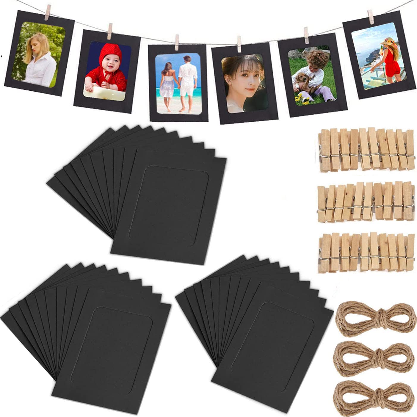 30 PCS DIY Paper Photo Frames 4x6 Picture Frame with Wooden Clips and String Hanging Cardboard Photo Frame 10x15 cm Set for Home Wall Decor (Black)
