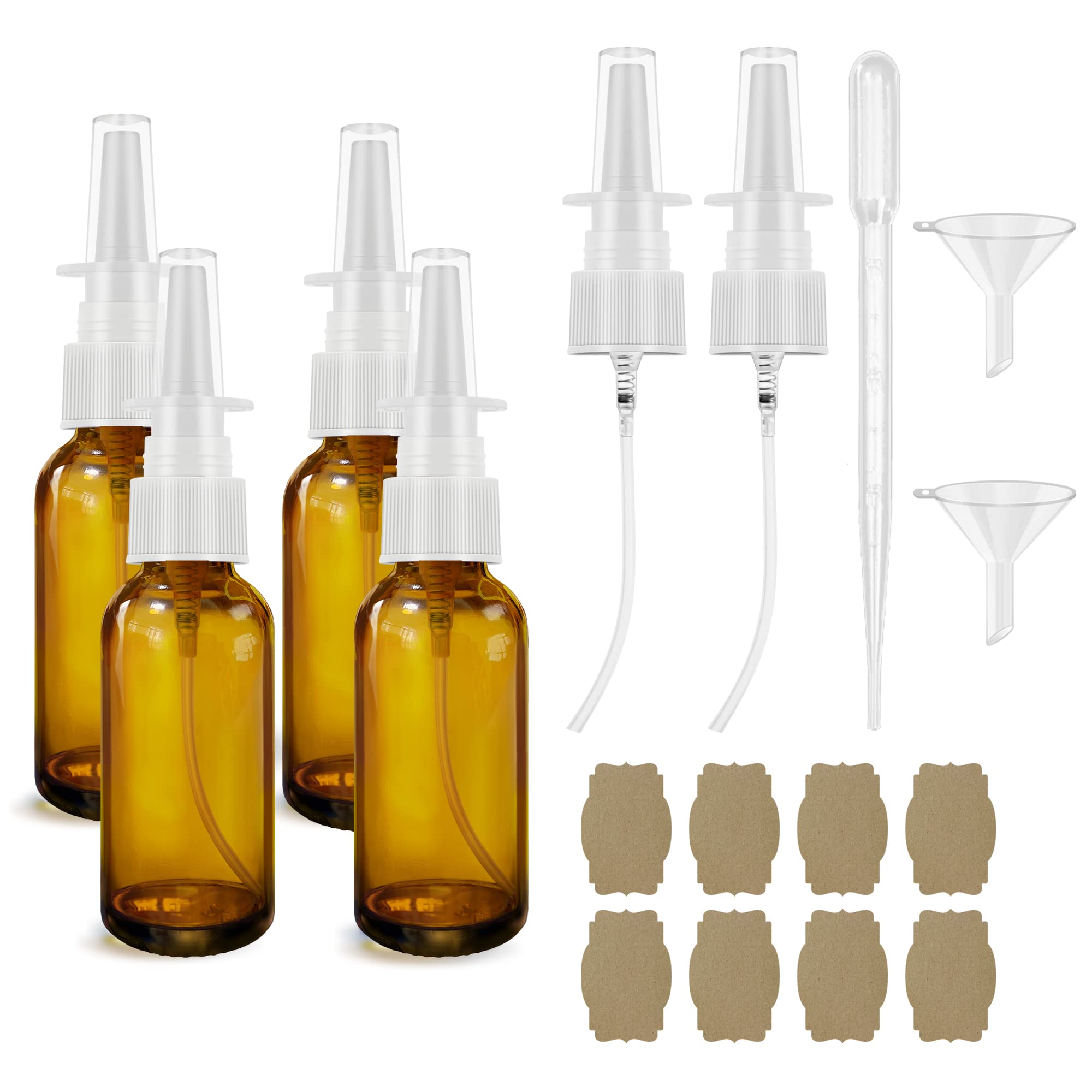 Nasal Spray Bottle 4Pcs 1oz (30ml) with Press Spray Head Refillable Portable Fine Mist, 2 Funnel, 1 Dropper,Labels,Glass Nose Spray Bottle Empty