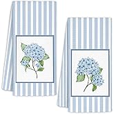 WUCHJ Blue Hydrangea Floral Bathroom Hand Towels Set of 2, Cottagecore Grandmillennial Hand Towels for Bath Room Washroom, Striped Hydrangea Flower Botanical Kitchen Dish Towel, 16x24 Inch