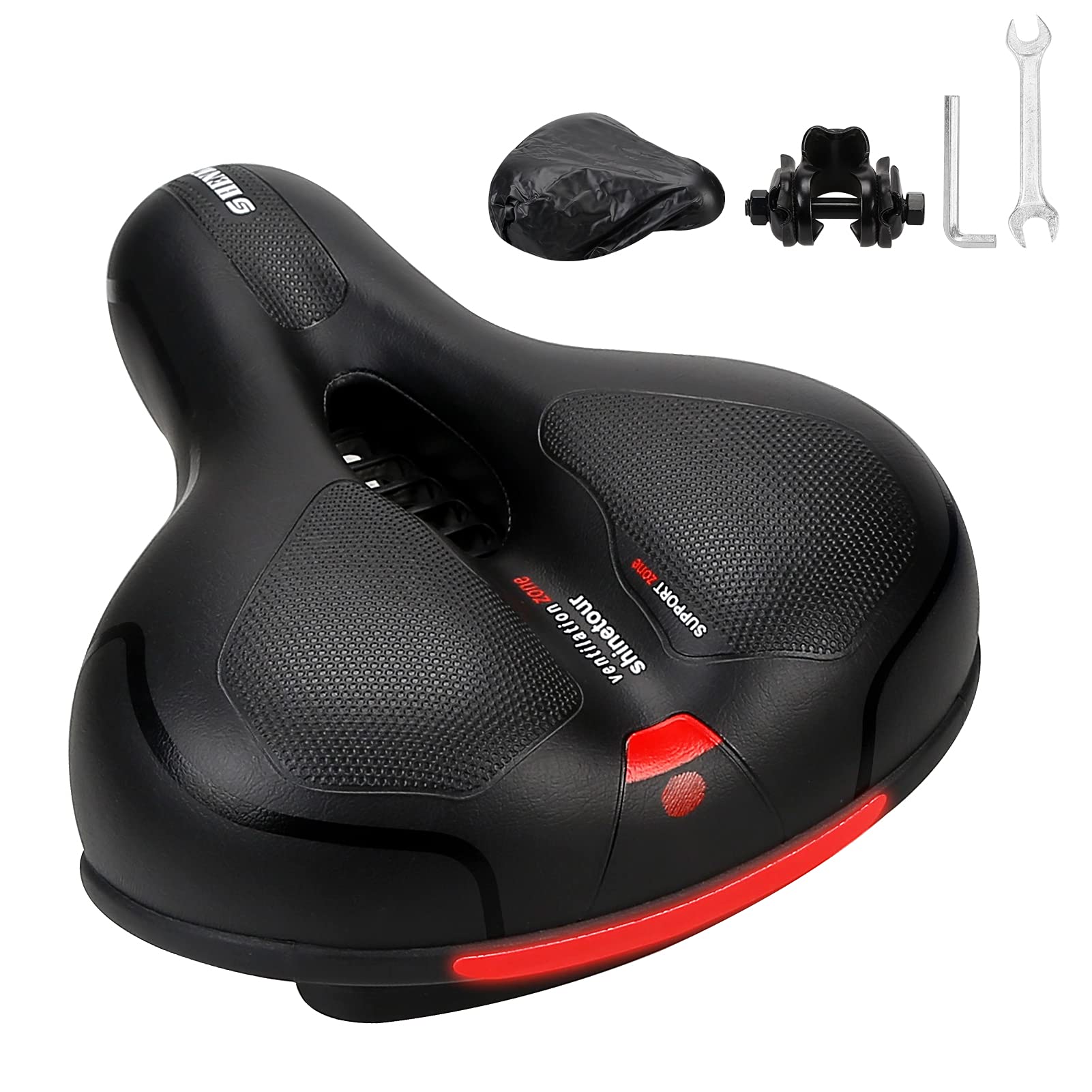 Bike Saddle, Hollow Ergonomic Bicycle Seat Wide Comfortable Cycling Seat with Reflective Strip Replacement for MTB, Exercise Bike and Road Bikes