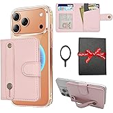 TrsmVise for MagSafe Card Holder for iPhone 17/16/15/14/13/ Pro/Max/Plus with Strap Stand RFID Blocking ID Window Hold 5 Cards,Leather Magnetic Phone Wallet for MagSafe Phones and Cases,Leather Pink