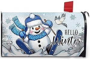 FBCOO Hello Winter Skiing Snowman Mailbox Cover Magnetic Standard Size 21" x 19", Snowy Bird Decorative Post Letter Box Wrap Decor, Seasonal Christmas Snowflake Garden Yard Outdoor Decoration