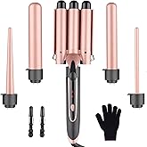 5 in 1 Curling Wand Set, Three Barrel Curling Iron Set with 3 Barrel Curling Iron and 4 Interchangeable Ceramic Curling Wand(0.35”-1.25”), Fast Heating, Include Glove & 2 Clips