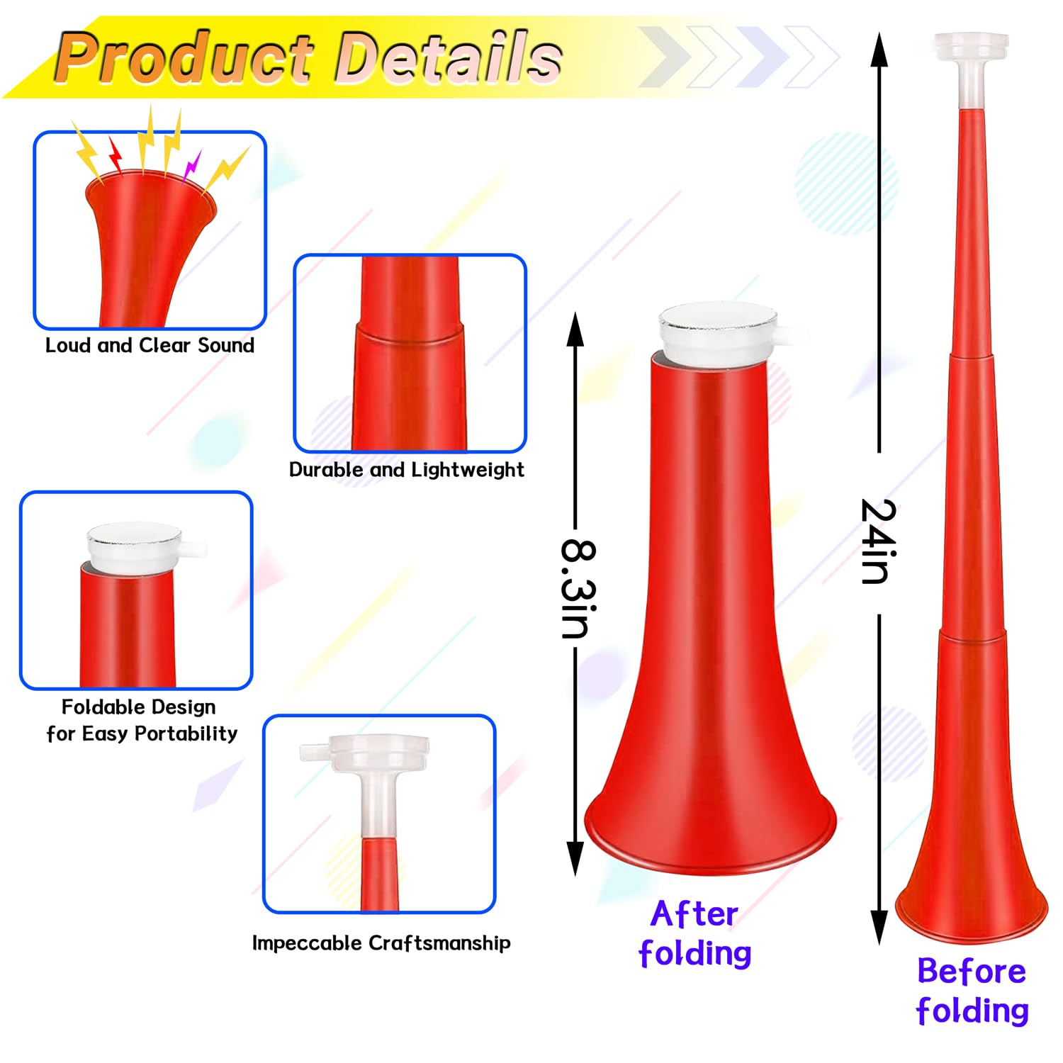 Collapsible Stadium Horn 24 Inch Vuvuzela Plastic Trumpet Horn Blow Horn Noisemakers Loud Sound Soccer Horn Cheer Horn for Sporting Events Graduation Games School Party Supplies Favors Accessories