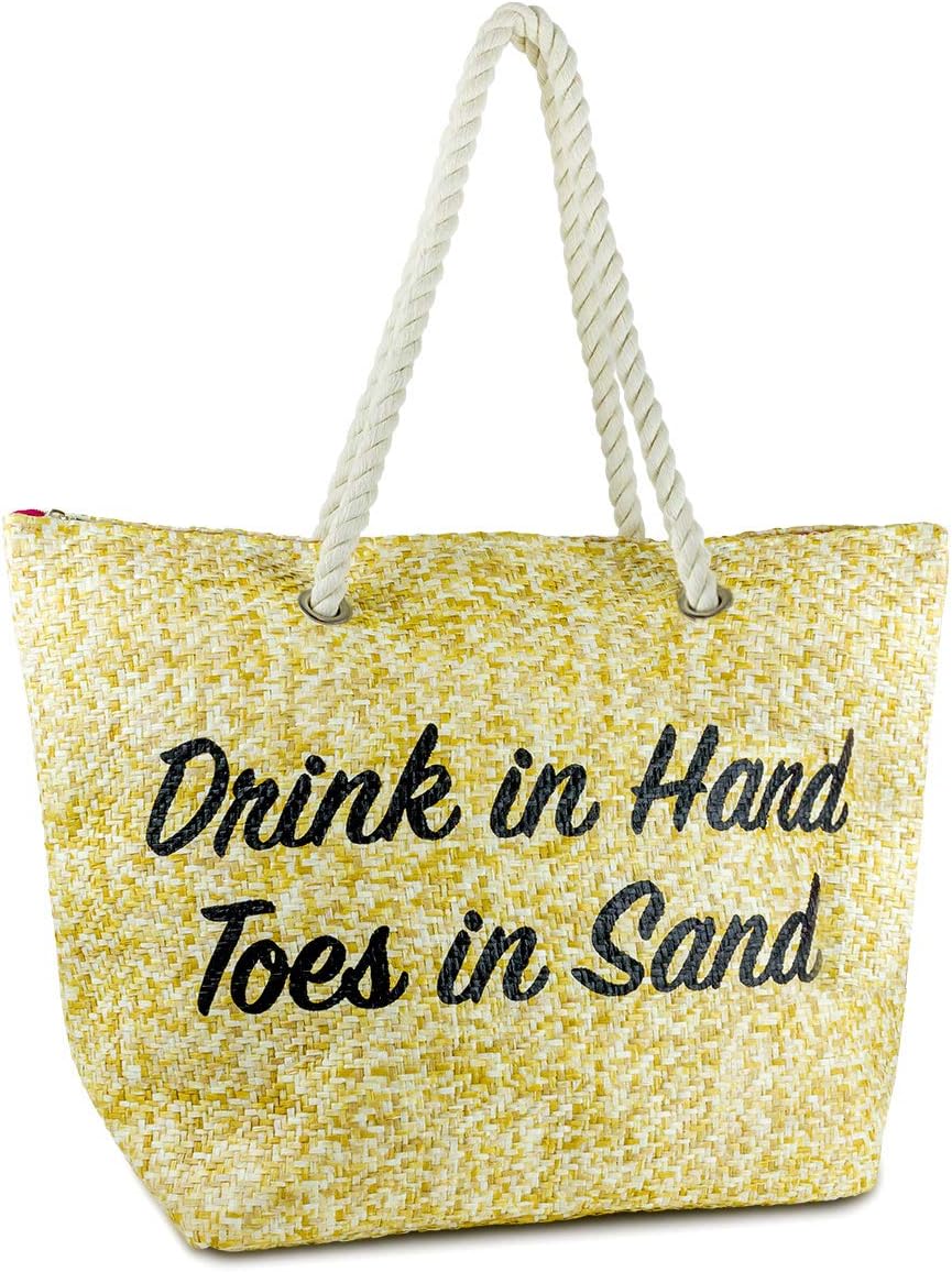 Funky Junque Womens Beach Tote Saying Shoulder Bag Large Straw Travel Handbag