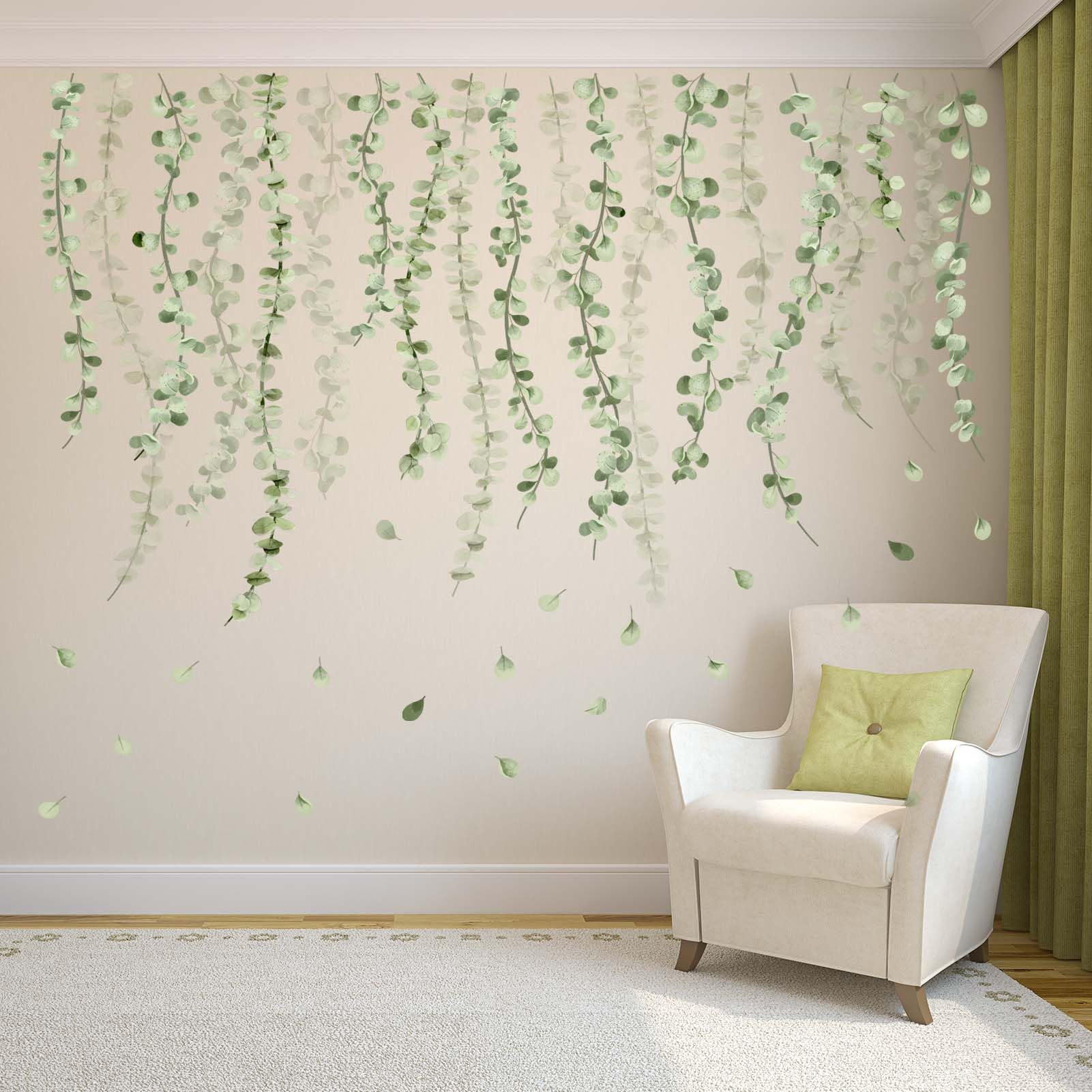 Hanging Vine Wall Stickers for Bedroom: Peel and Stick Leaves Green Tree Leaf Wall Decals - Living Room Bathroom Kitchen Office Nursery