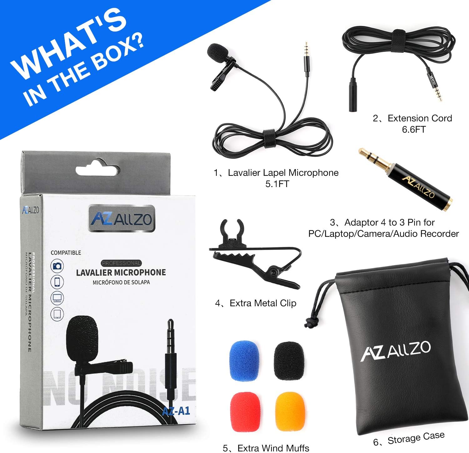 AZ ALLZO Lavalier Lapel Microphone, Omnidirectional Condenser Microphone for iPhone, Android Smartphone, Easy Clip-on, Professional Mini Gaming Mic, Perfect for Interview, YouTube, Podcast, Recording: Home Audio & Theater