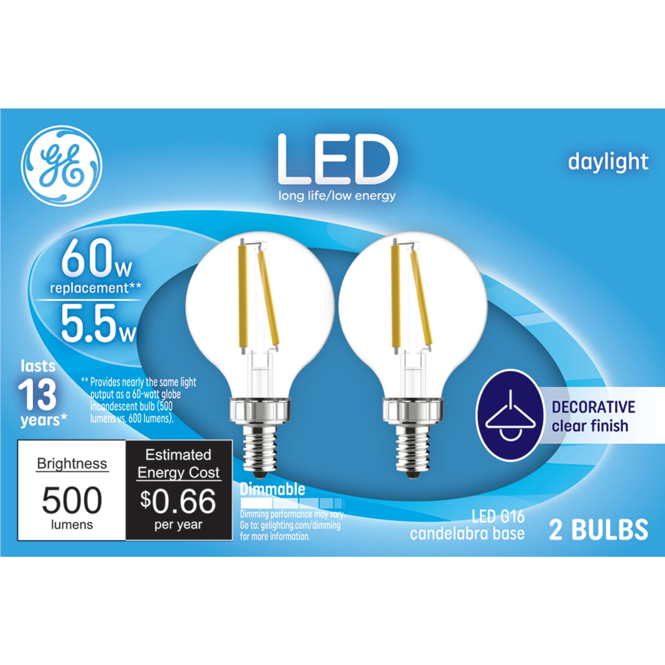 Photo 1 of ***STOCK PHOTO FOR REFERENCE ONLY***GE LED Light Bulbs 450 lumens, Daylight, G16 Globe Bulbs, Clear, Small Base (2 Pack) ceiling fan light 